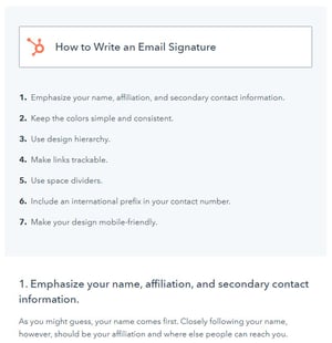 "電子メール署名の書き方"というタイトルを持つハウツーブログ投稿形式の例で、その下にステップが表示されます