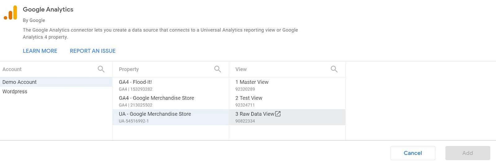 how to connect data sources to google data studio: select property | Hevo Data