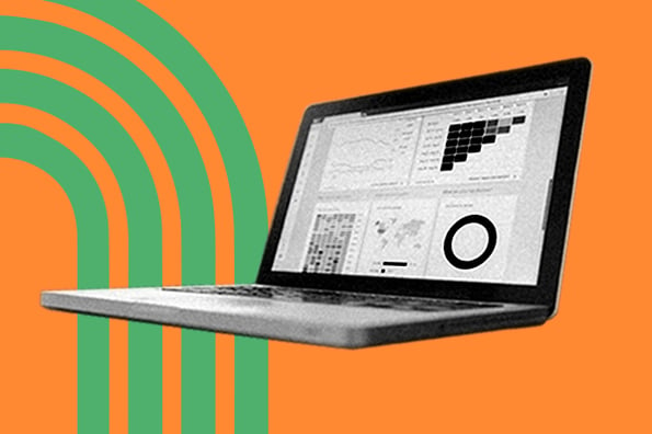 Computer with pivot table examples over an orange background with a green arch.