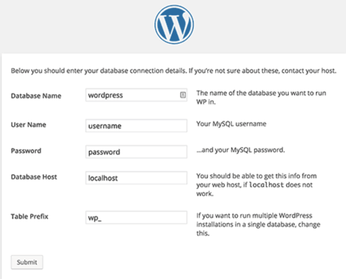 how to install wordpress, fill out database connection details
