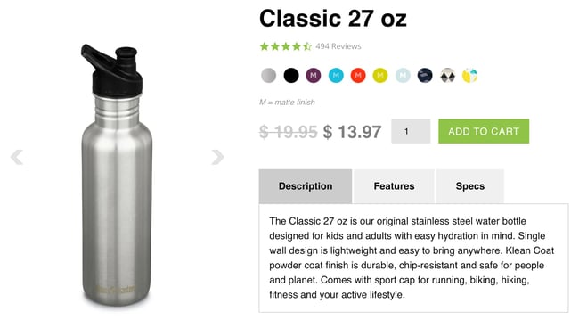 klean kanteen product page featuring a prominent product image