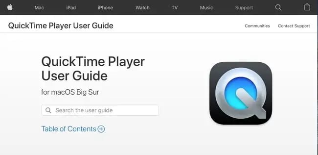 QuickTimePlayer Website homepage that says QuickTime Player user guide for macOS Big Sur and a search bar below it to search the user guide