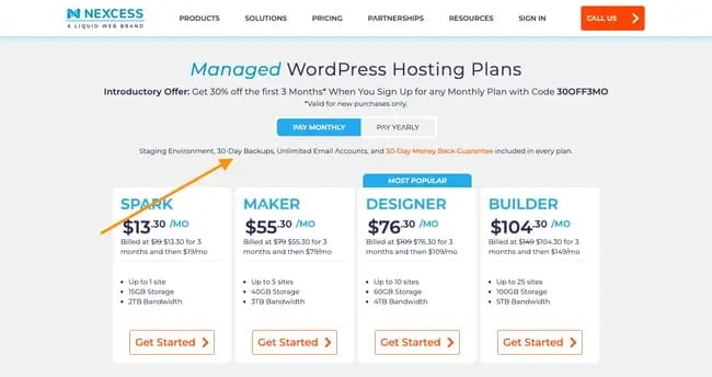 Nexcess's managed wordpress hosting plans include 30-day backups