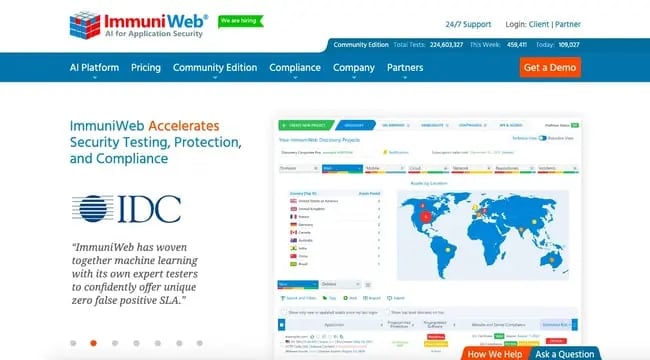 ImmuniWeb homepage featuring description of its security testing, protection, and compliance solution