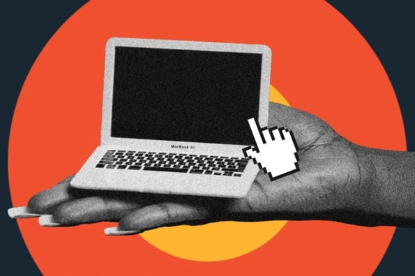 how to start a web design business: image shows a person's hand holding a laptop, and a mouse clicker icon touching the laptop screen