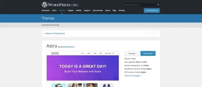 Download latest version of free Astra theme from WordPress directory