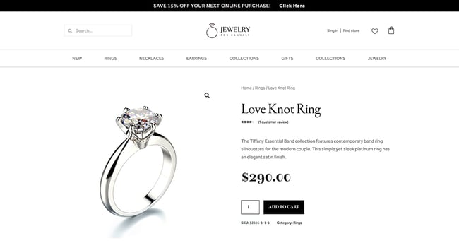 elementor wordpress: How to use Elementor with WordPress — Product page example built with Elementor and containing the image of a ring and the heading "Love Knot Ring"