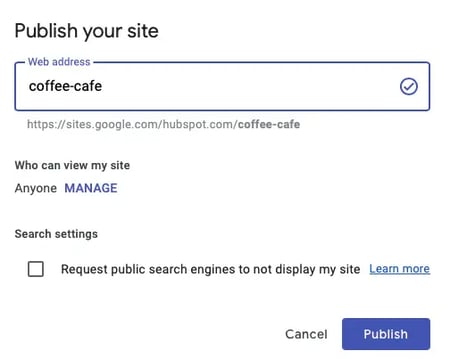 google sites tutorial: publish a site popup