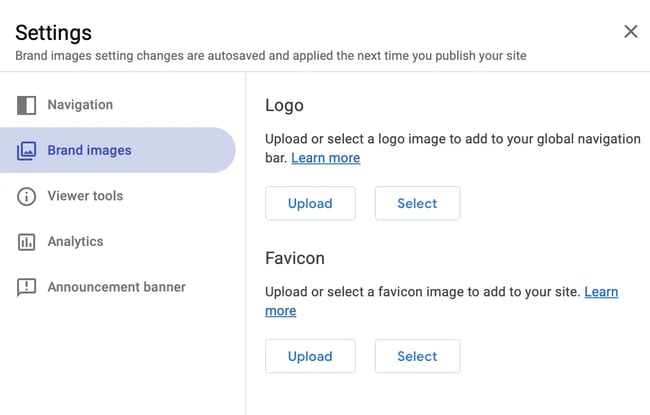 google sites tutorial: image shows favicon section where you can upload on google sites