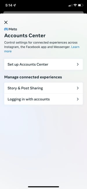 نحوه اتصال فیس بوک به اینستاگرام: روی set up accounts center کلیک کنید