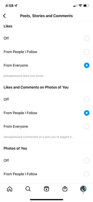 how to change instagram notification settings: toggle notification settings
