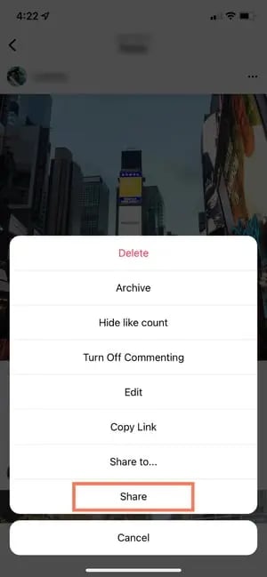 how to link instagram to other social accounts: tap share on the post 