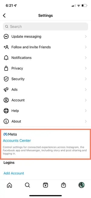 how to connect facebook to instagram: tap account center in settings