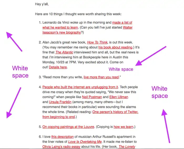 Usage of white space in Austin Kleon's newsletter