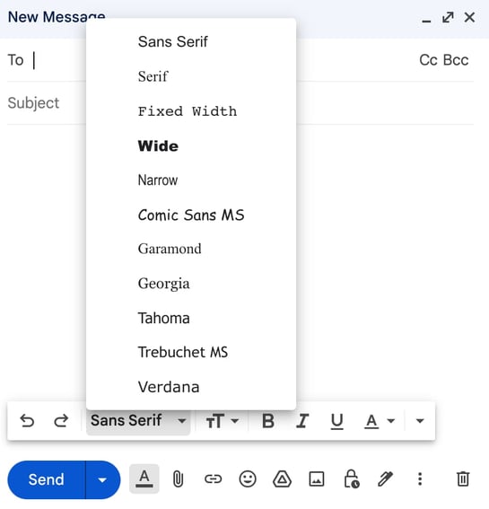 picture of the Gmail font list