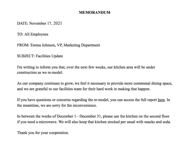Business memo example for building updateBusiness memo example for building update