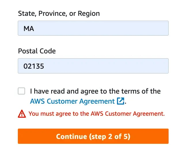 AWS form requires users to check the AWS customer agreement checkbox to complete registration process