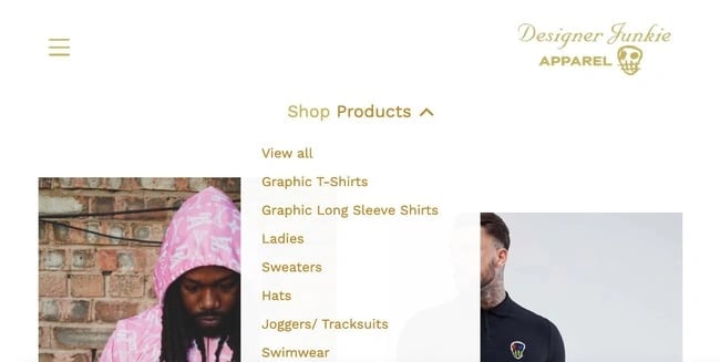ecommerce website Designer Junkie Apparel has a dropdown menu to display all its product categories
