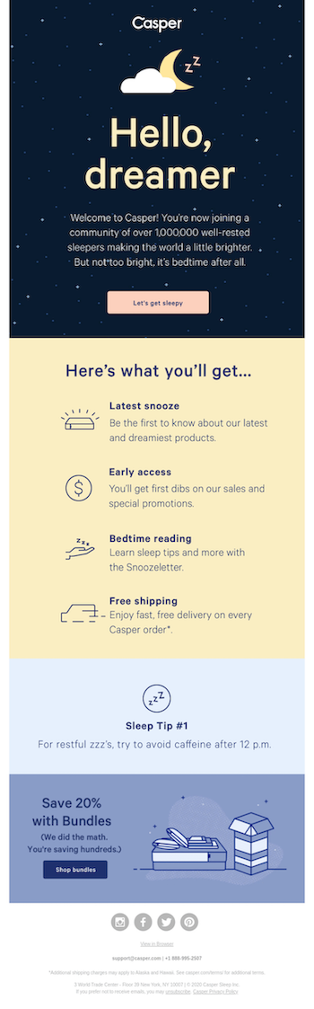 Html email inspiration; Casper hello dreamer email