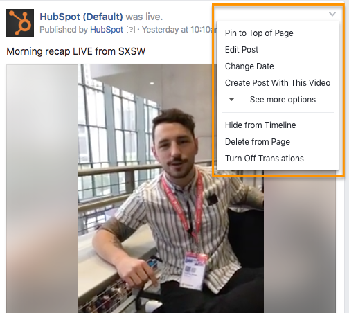 Facebook Live video by HubSpot with post settings expanded