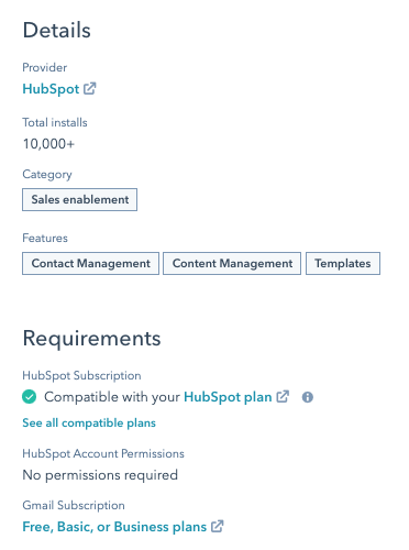 App details inside HubSpot App Marketplace