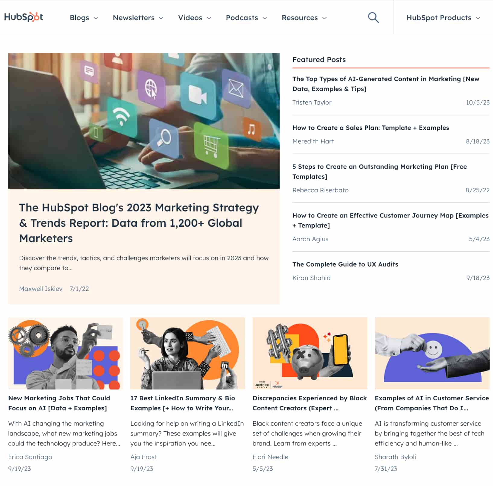 hubspot blog homepage with featured posts and featured images