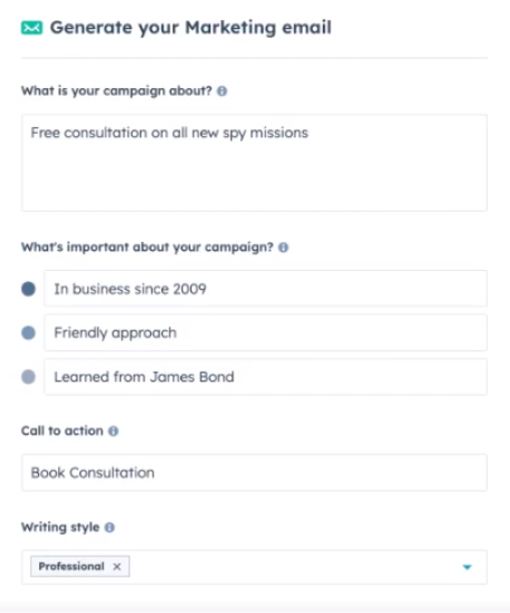 Input selection for HubSpot's Campaign Assistant tool