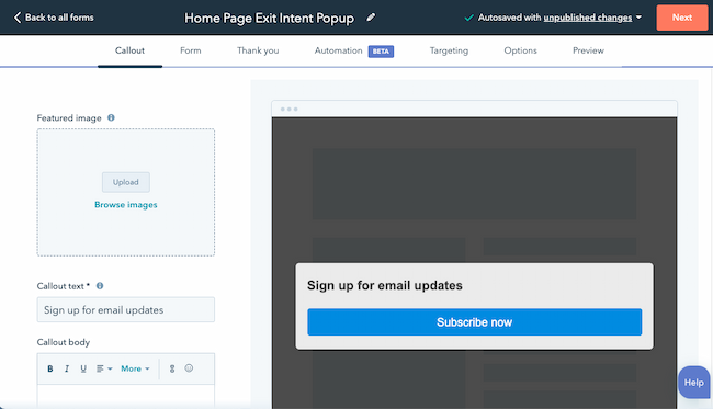Exit intent popup form in the HubSpot dashboard.