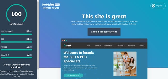 small business tool hubspot website grader result screenshot