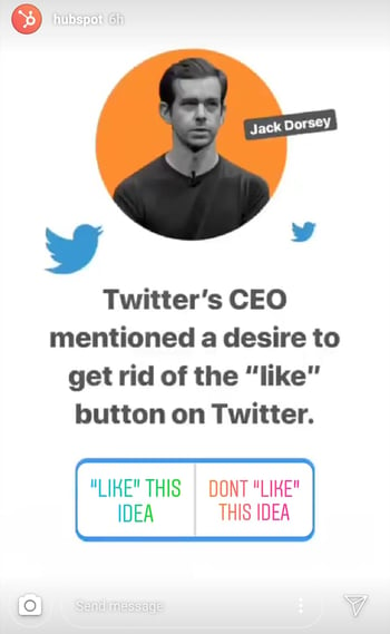 Instagram Story by HubSpot breaking news about Twitter CEO Jack Dorsey with polling sticker