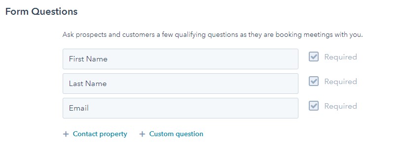screenshot of hubspot meetings tool form questions