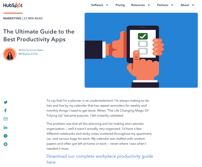 Pillar page on productivity apps by HubSpot