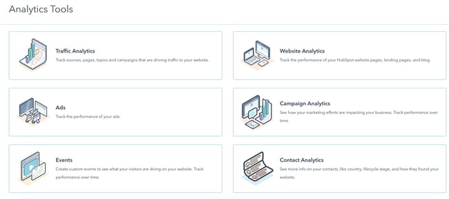 HubSpot analytics tool can build reports for marketing, sales, and service