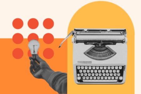 hubspot web strategy team using ai: image shows a hand holding a lightbulb and a typewriter 
