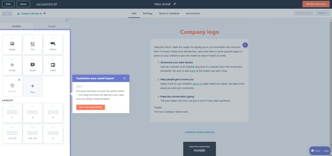 bulk emailing software, Hubspot's drag-and-drop email builder interface