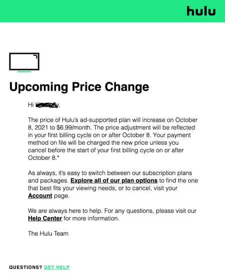 Hulu price increase letter example
