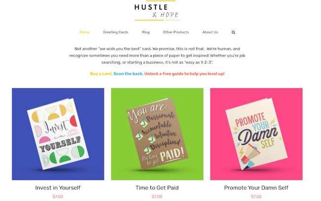 Example of brand identity with images of the Hustle & Hope brand's cards