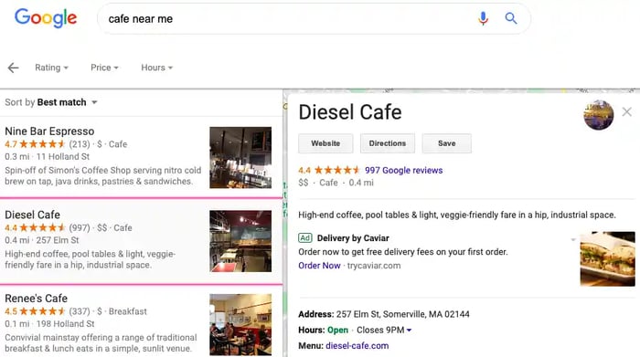 Sample "near me" search results.