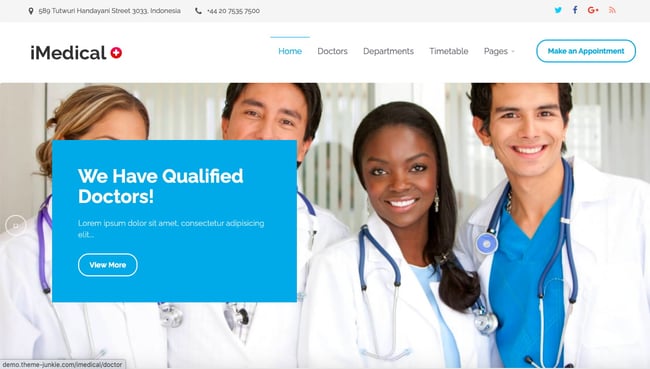 best wordpress health theme: iMedical homepage has featured image of doctors