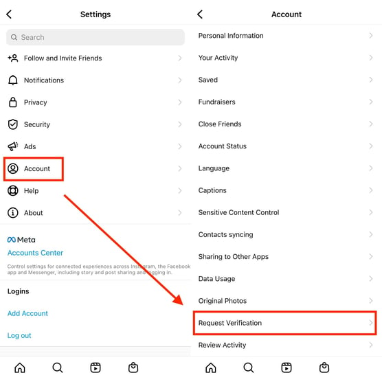 get verified on instagram: select account and then request verification