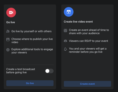 How to go live on facebook using a web browser, choose between go live and create live video content