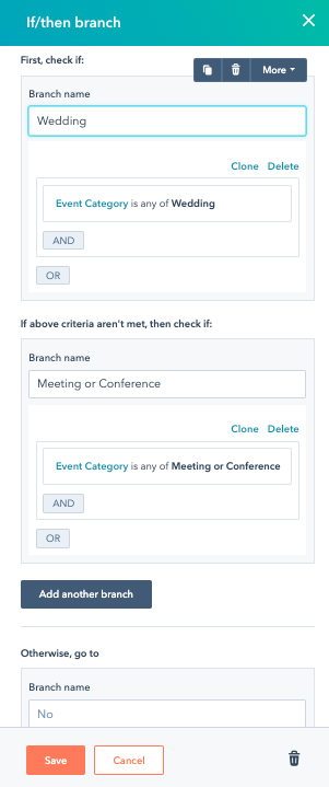 Screenshot of building an If/then branch in HubSpot for Wedding and Meeting or Conference.
