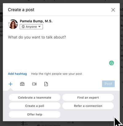 Linkedin status expanded with all options
