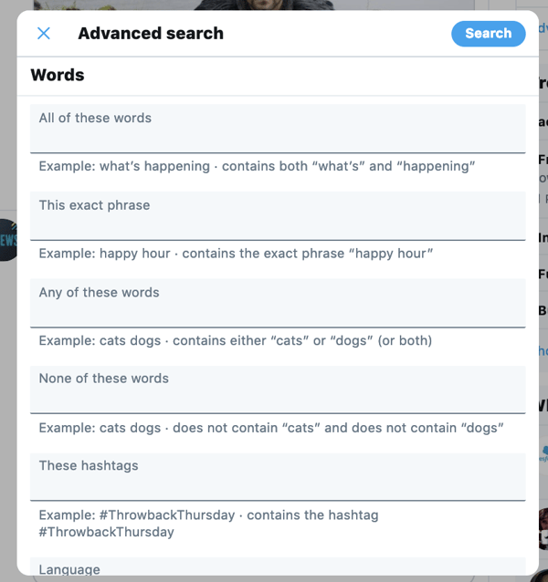 Advanced search menu on Twitter