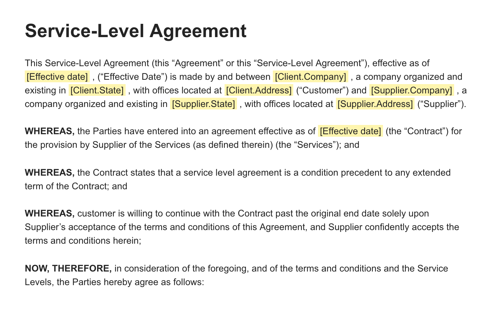 Standard Sla Agreement Template