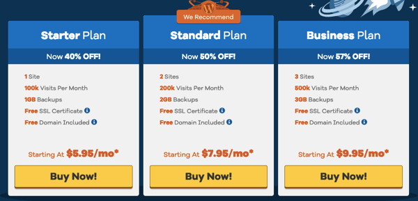 Three tiers of plans HostGator offers to host your WordPress site