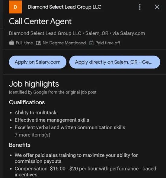 Job listing for a call center agent