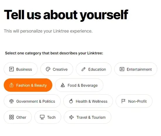 Linktree’s “Tell us about yourself” page. 