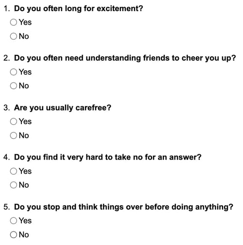 Eysenck’s Personality Inventory test questions.
