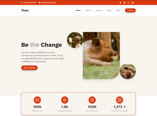 ways to improve your nonprofit wordpress website: image shows the yuna charity theme